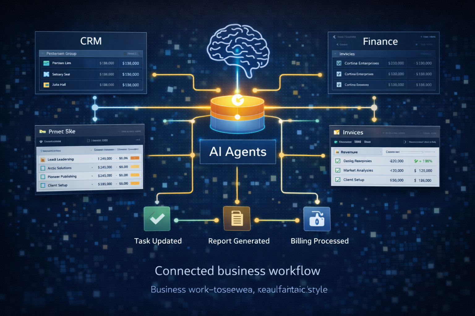 Visualization of AI automation system connecting CRM, workflows, and business tools into one system